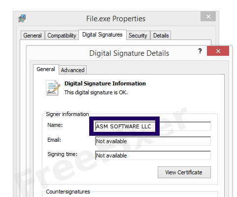 Screenshot of the ASM SOFTWARE LLC certificate